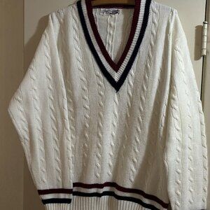 V neck 70s-style White Tennis Sweater with Colored Trim